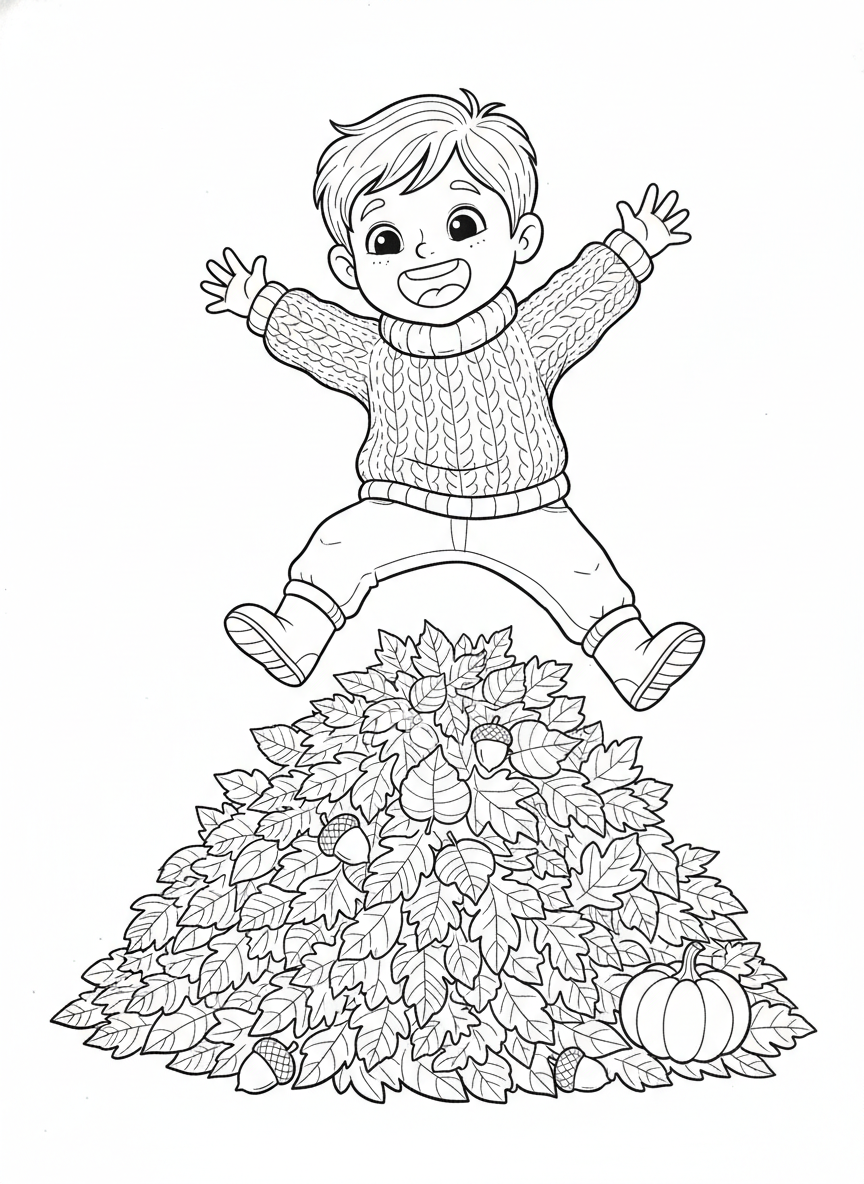 Joyful Child Playing in Autumn Leaf Pile Coloring Page