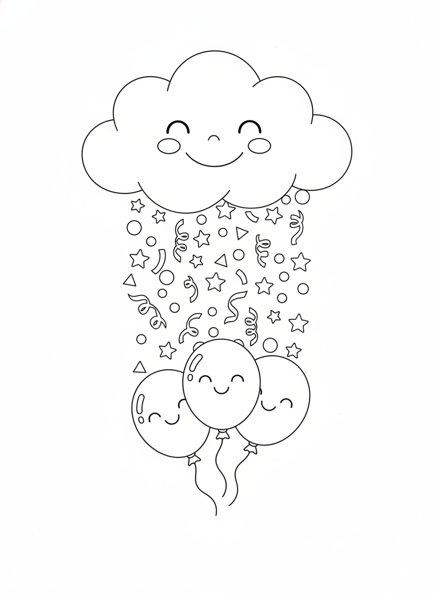 Joyful Cloud & Confetti Balloons Coloring Page for Kids