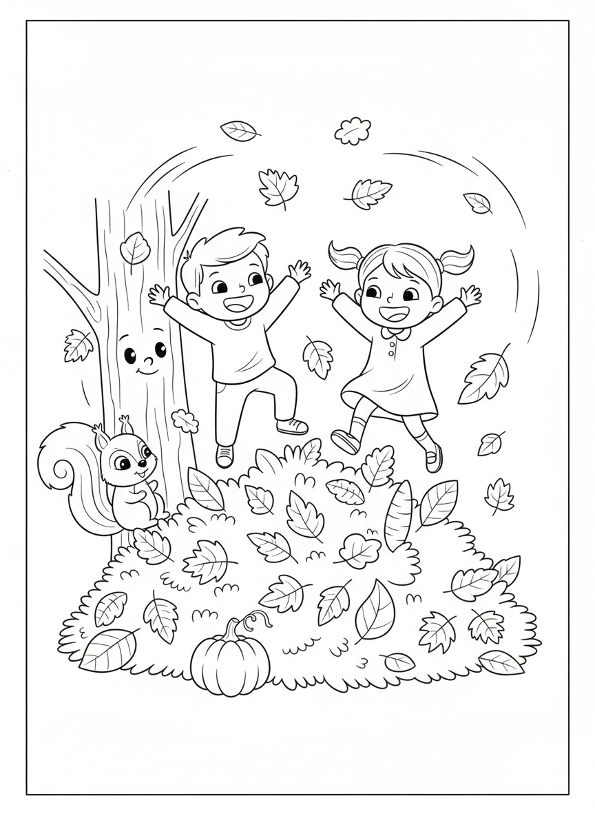 Joyful Kids & Friendly Squirrel in Autumn Leaves Coloring Page