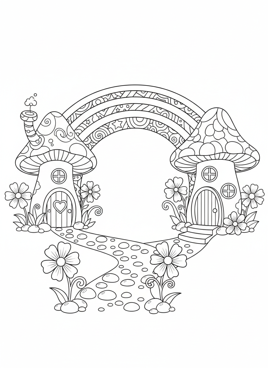 Joyful Rainbow Bridge to Mushroom Houses