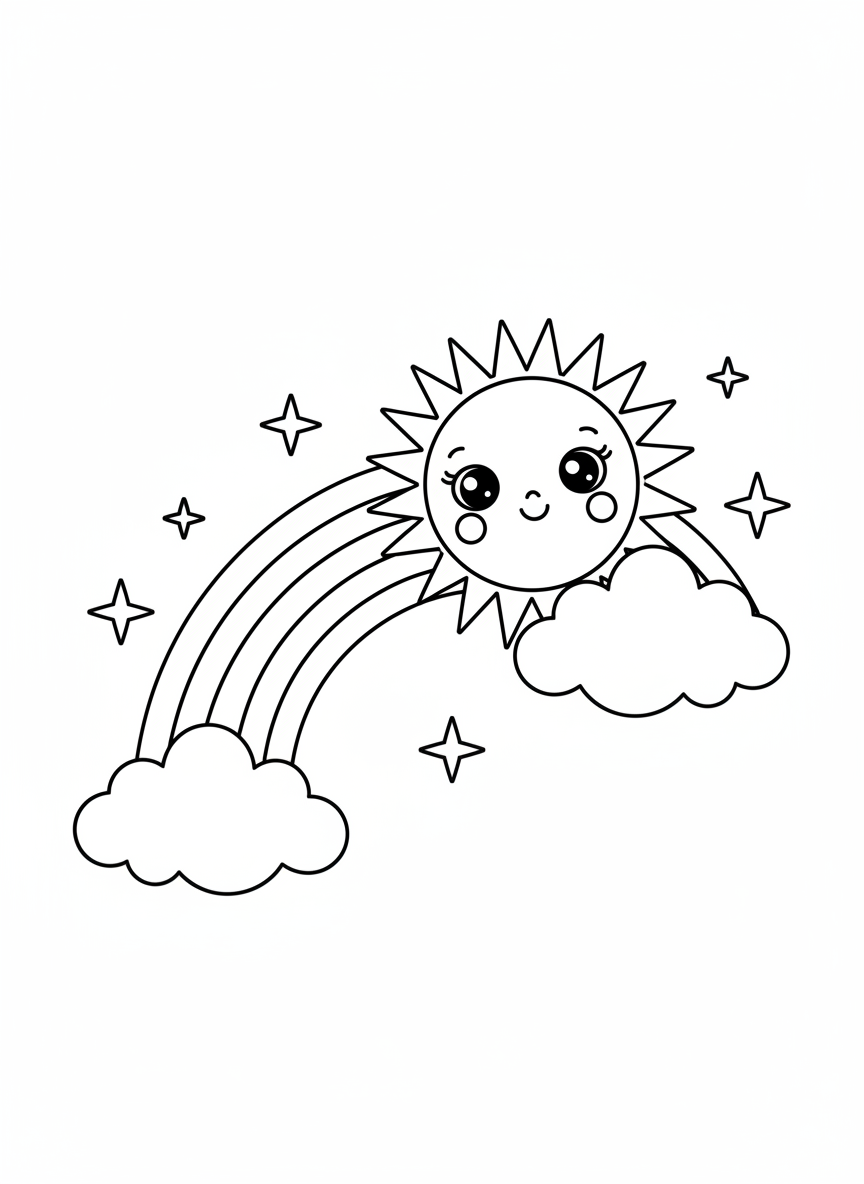 Joyful Sun & Rainbow Kids Coloring Page