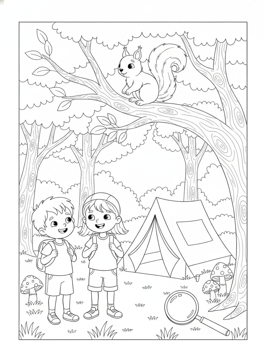 Kids Nature Camp Adventure Coloring Page