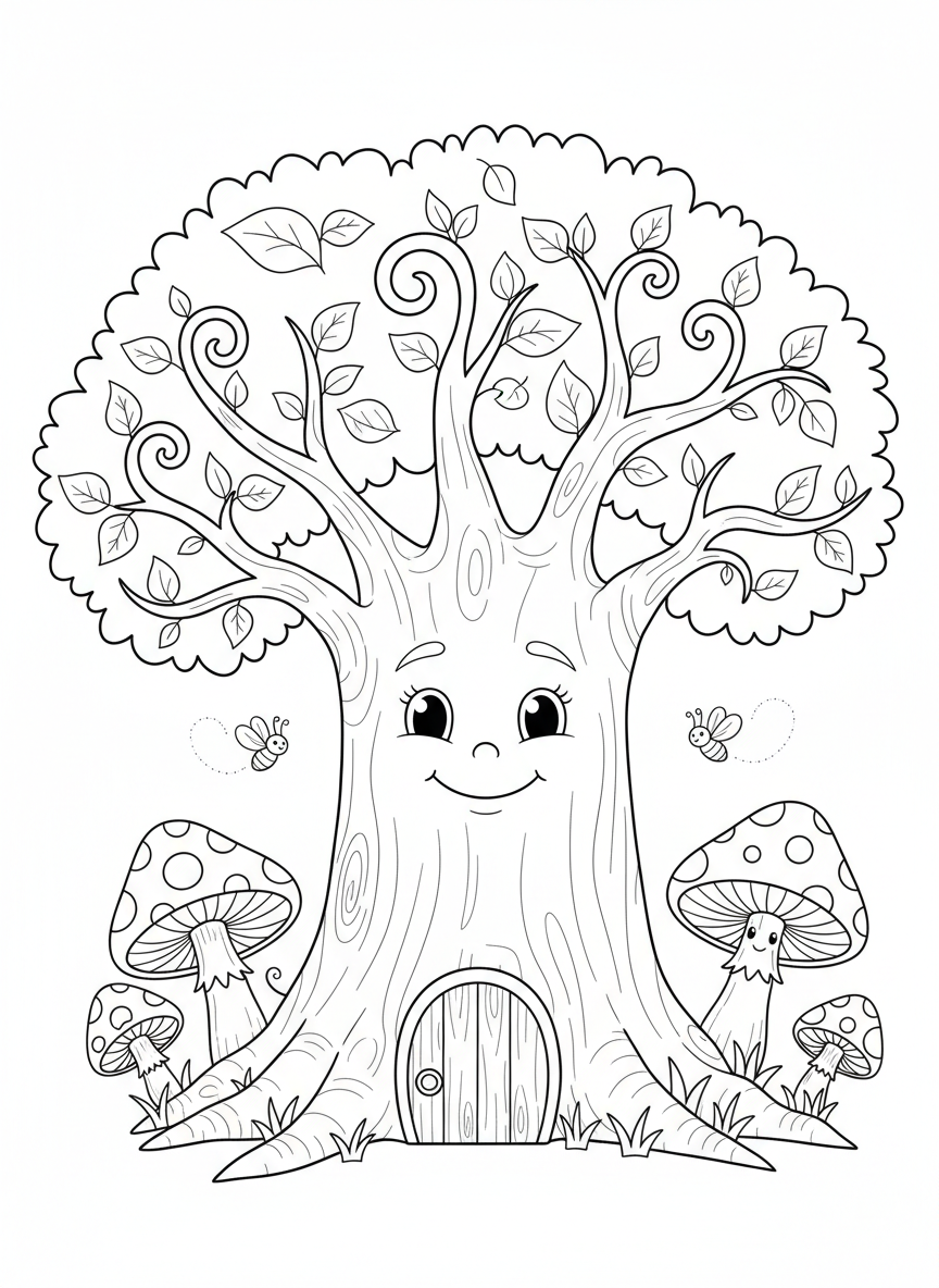 Magical Forest Treehouse Coloring Page for Kids