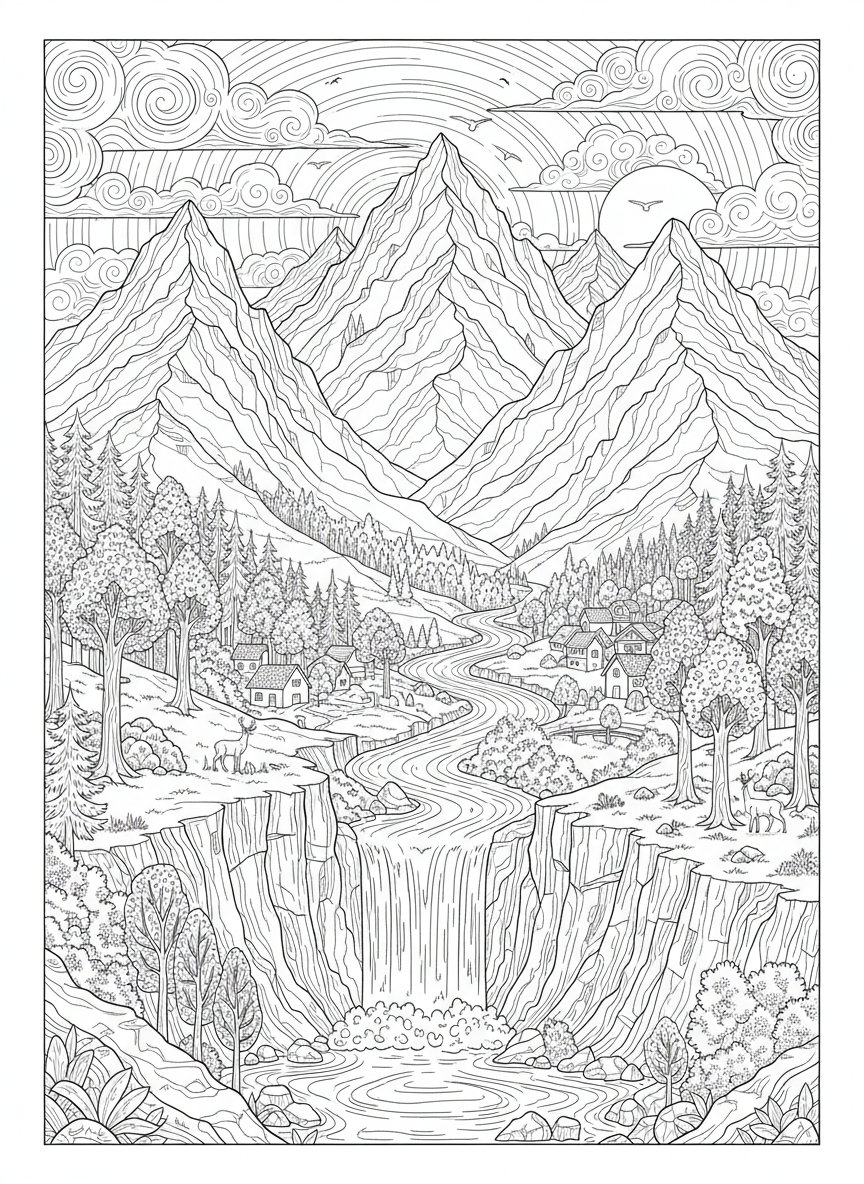 Majestic Mountain & Forest Village: Detailed Landscape Coloring Page for Kids 8-10