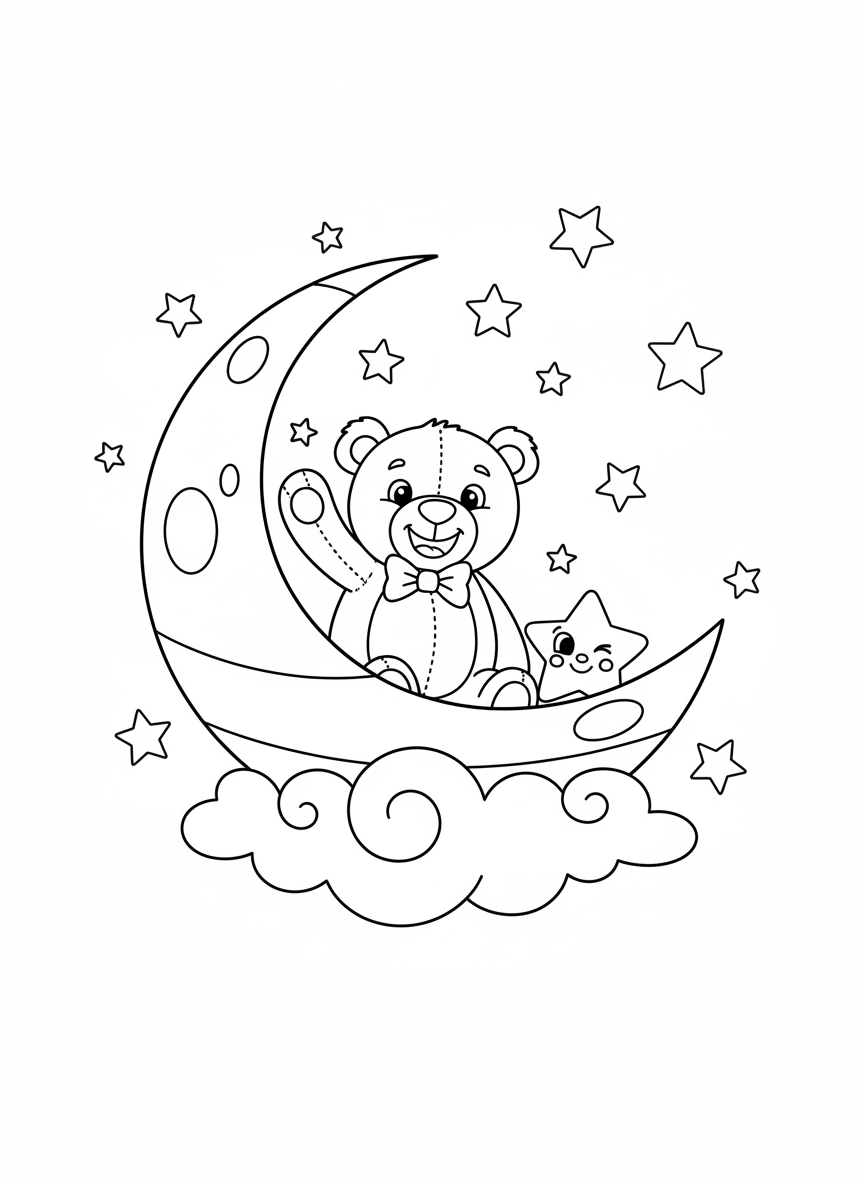 Moon Boat Adventure: Teddy Bear & Star Coloring Page