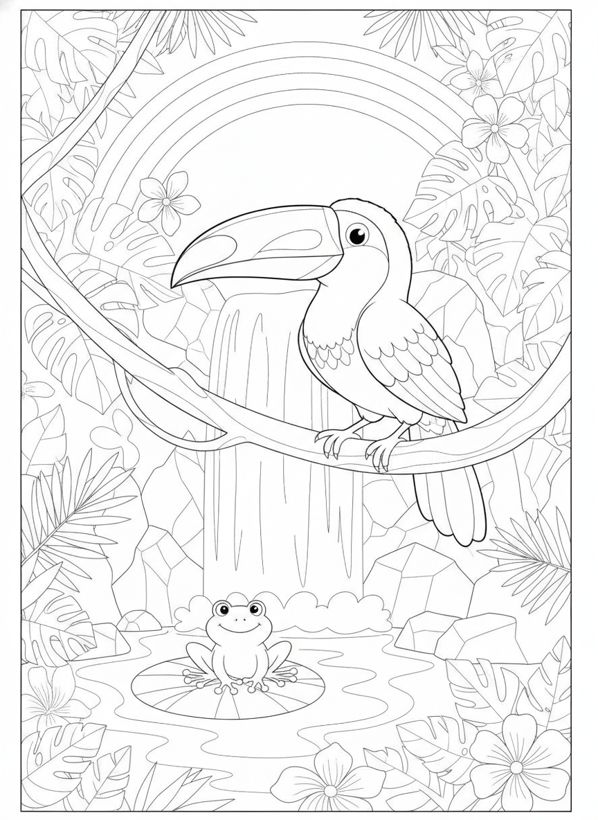 Rainforest Waterfall Coloring Page with Toucan & Frog