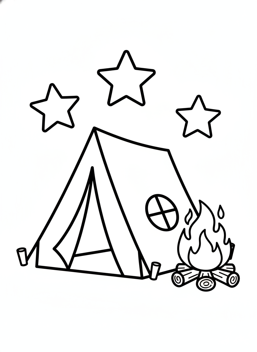 Simple Camping Adventure: Tent, Campfire & Stars Coloring Page for Kids