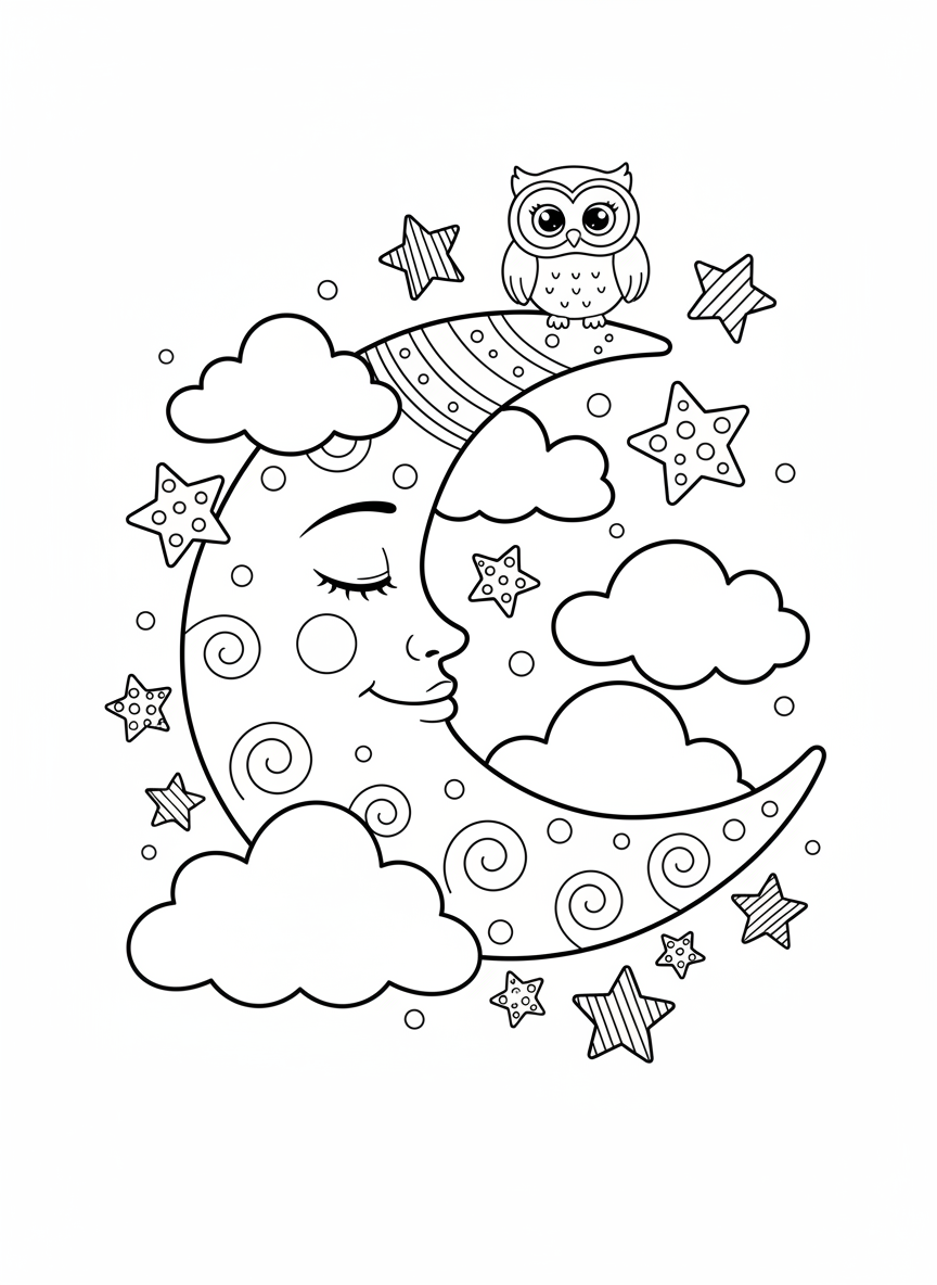 Sleeping Moon & Owl: A Whimsical Night Sky Coloring Page for Kids