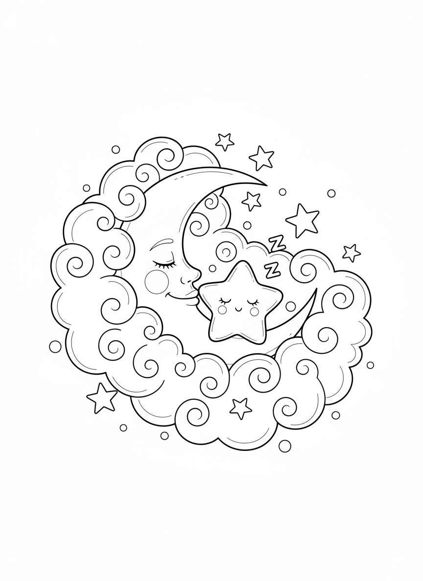 Sleepy Crescent Moon and Star Coloring Page for Kids