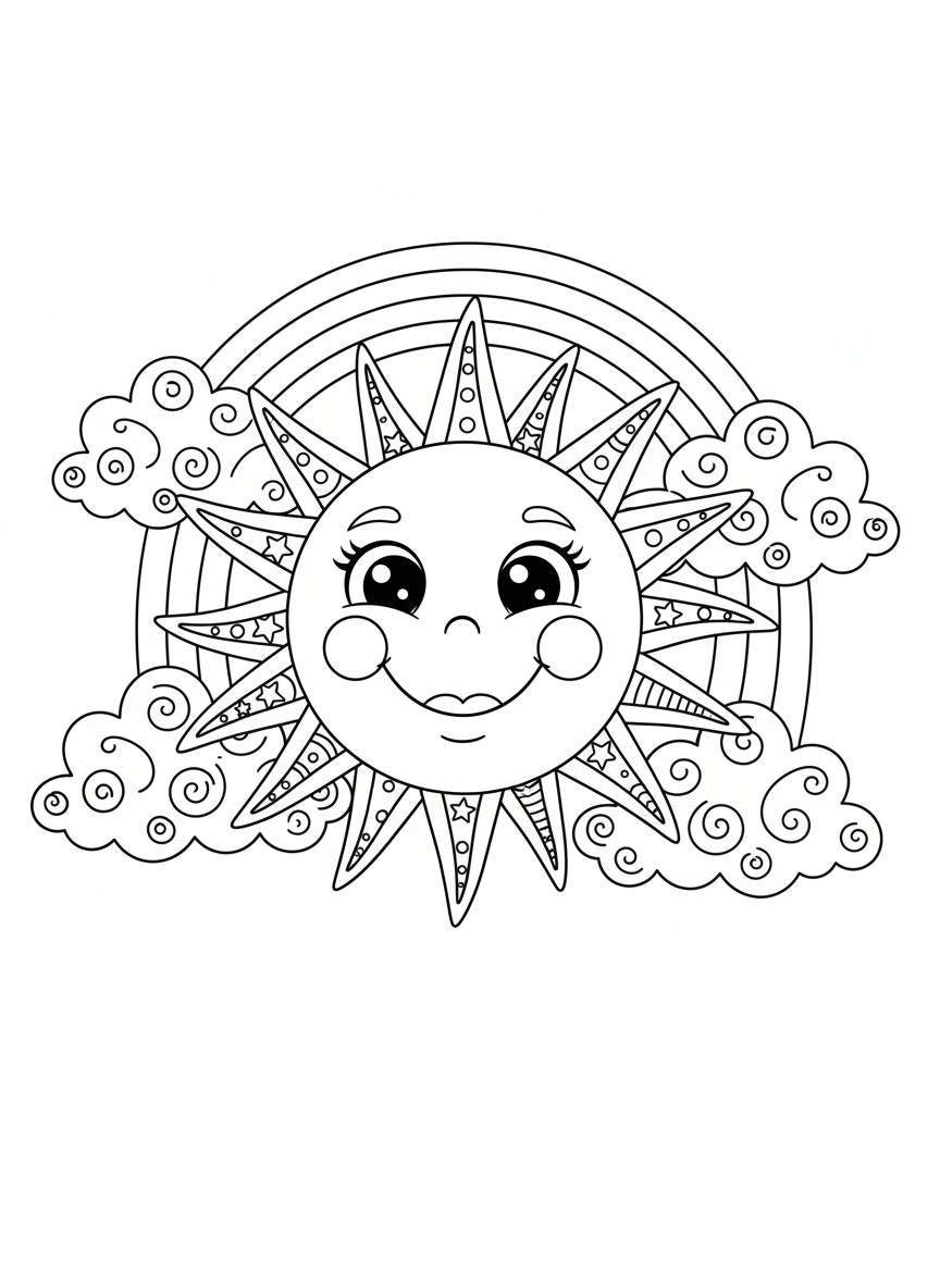 Smiling Sun and Rainbow Kids' Coloring Page