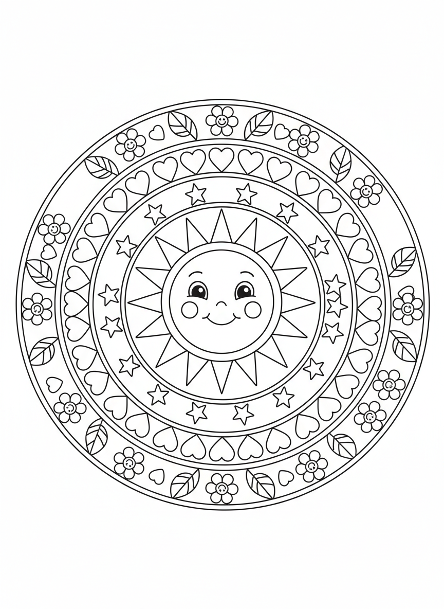 Smiling Sun Mandala Coloring Page for Kids
