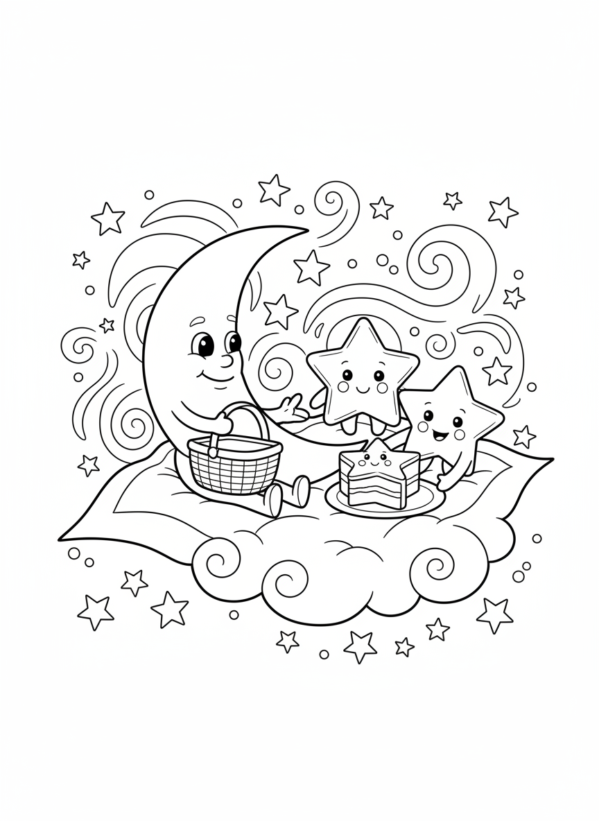 Starry Night Picnic Fun Coloring Page