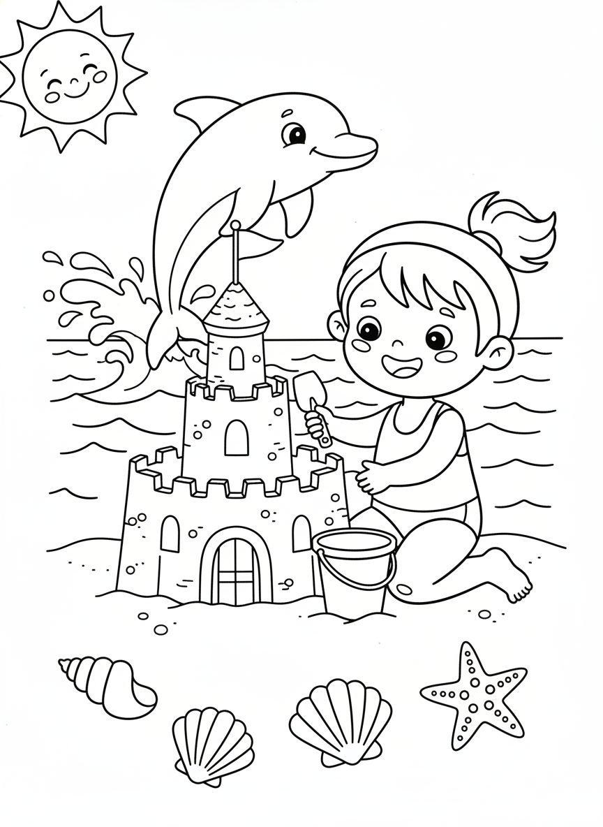 Sunny Beach Fun: Sandcastle & Dolphin Coloring Page