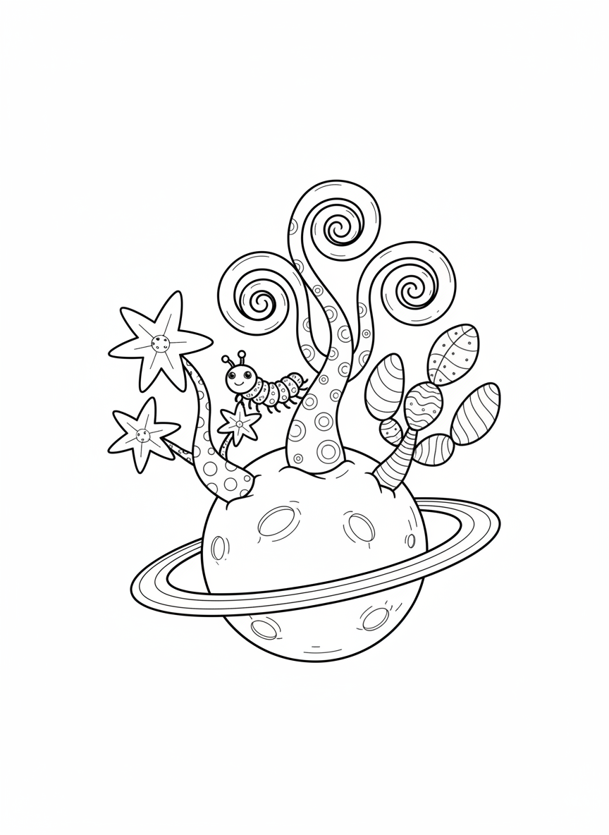 Whimsical Alien Garden Coloring Page for Kids
