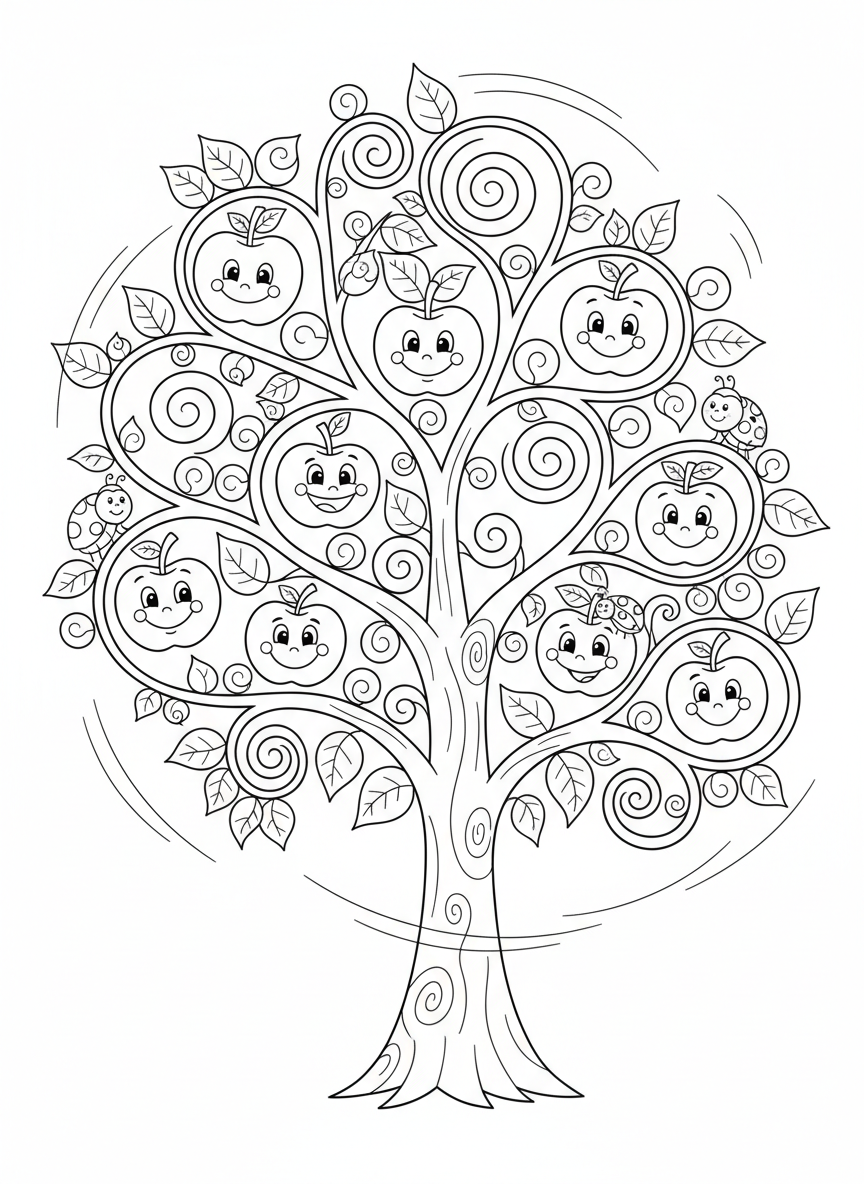 Whimsical Apple Tree Coloring Page for Kids