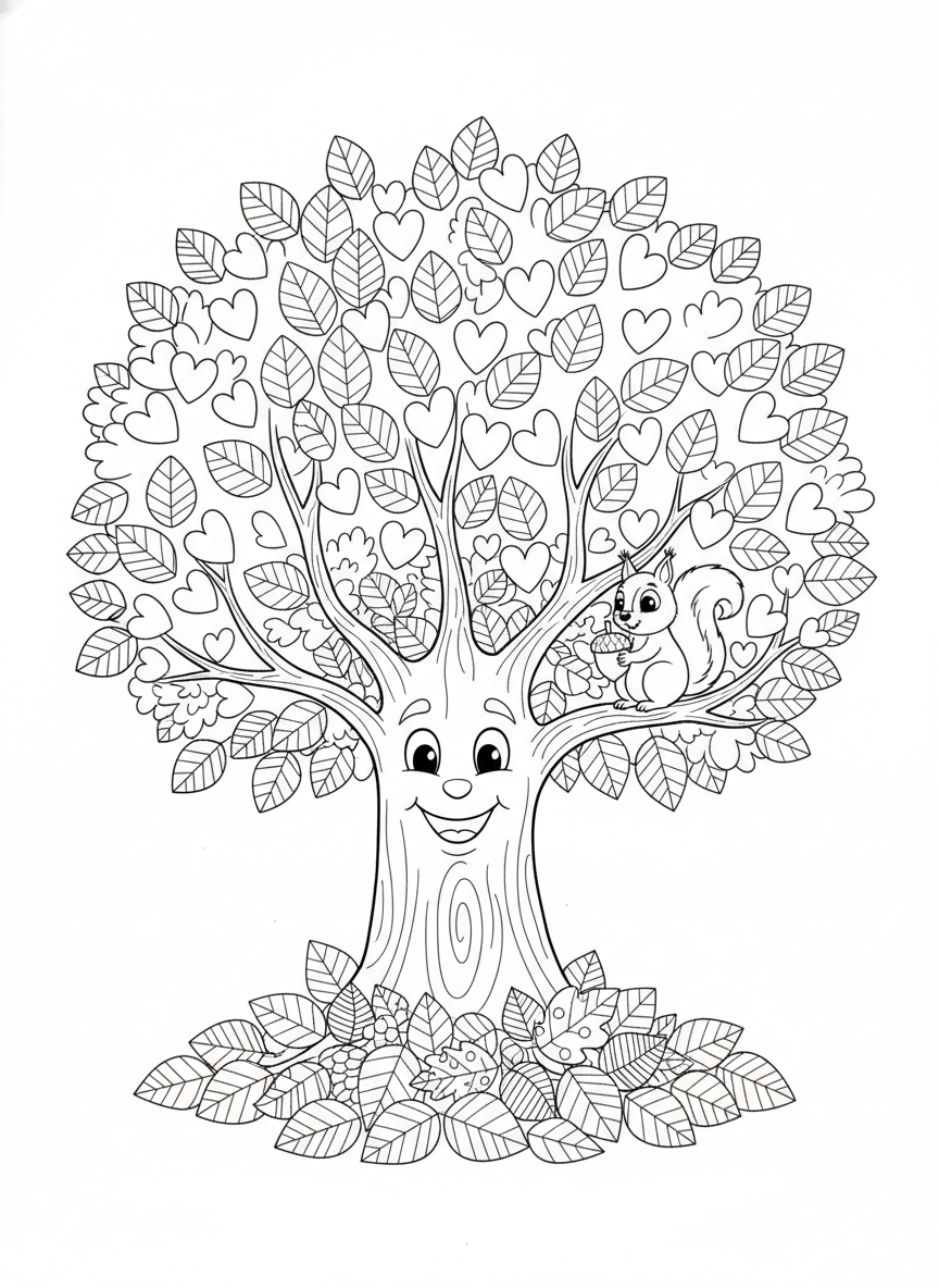Whimsical Autumn Tree & Squirrel Coloring Page