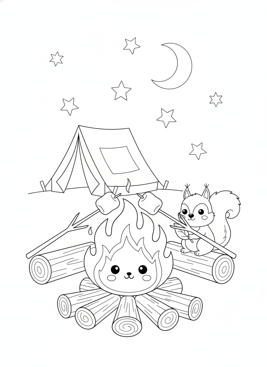 Whimsical Camping Adventure: Bonfire & Marshmallows Coloring Page
