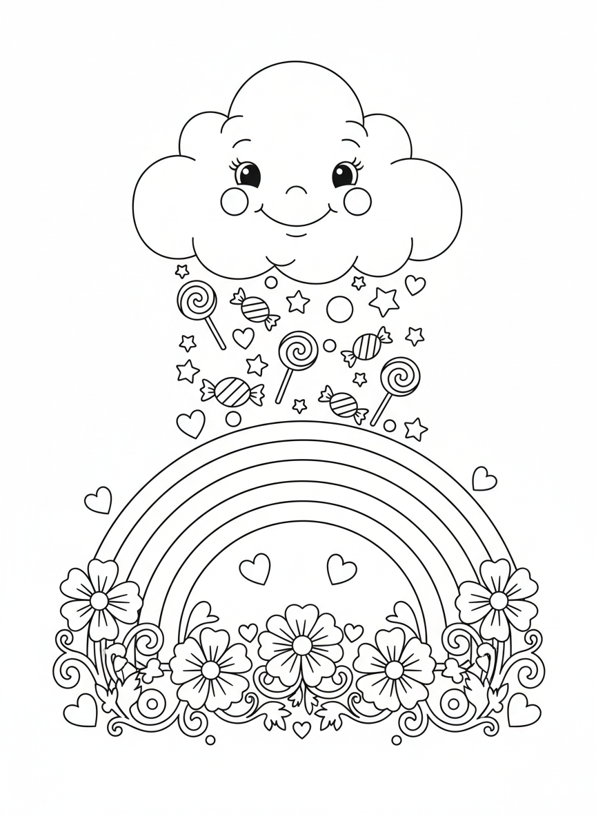 Whimsical Cloud & Rainbow Coloring Page for Kids