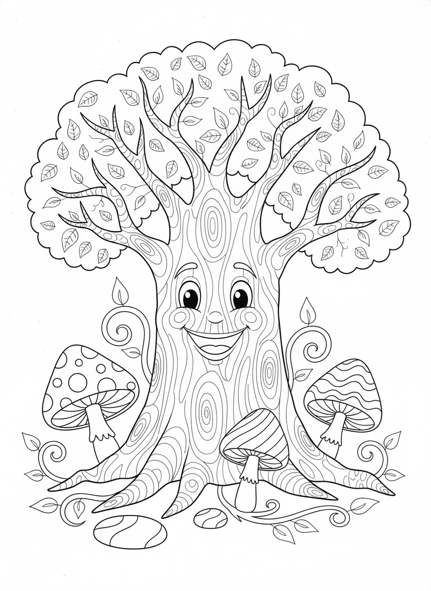 Whimsical Forest Tree Coloring Page for Kids
