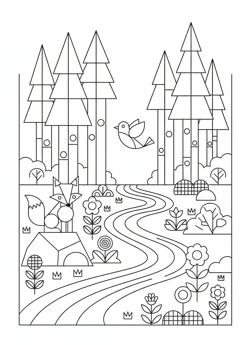 Whimsical Geometric Forest: A Playful Coloring Page for Kids
