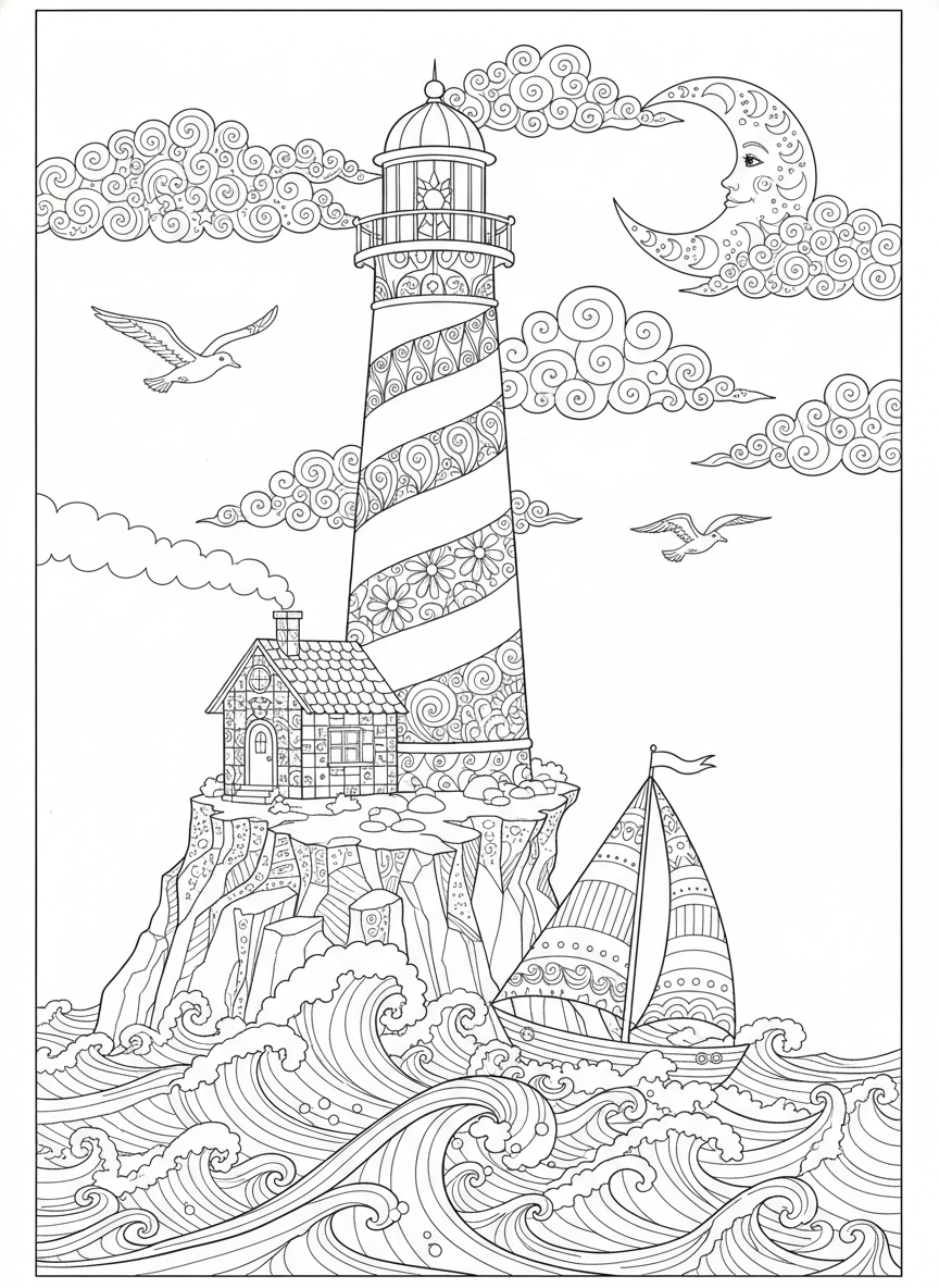 奇幻燈塔冒險：精緻海景著色頁