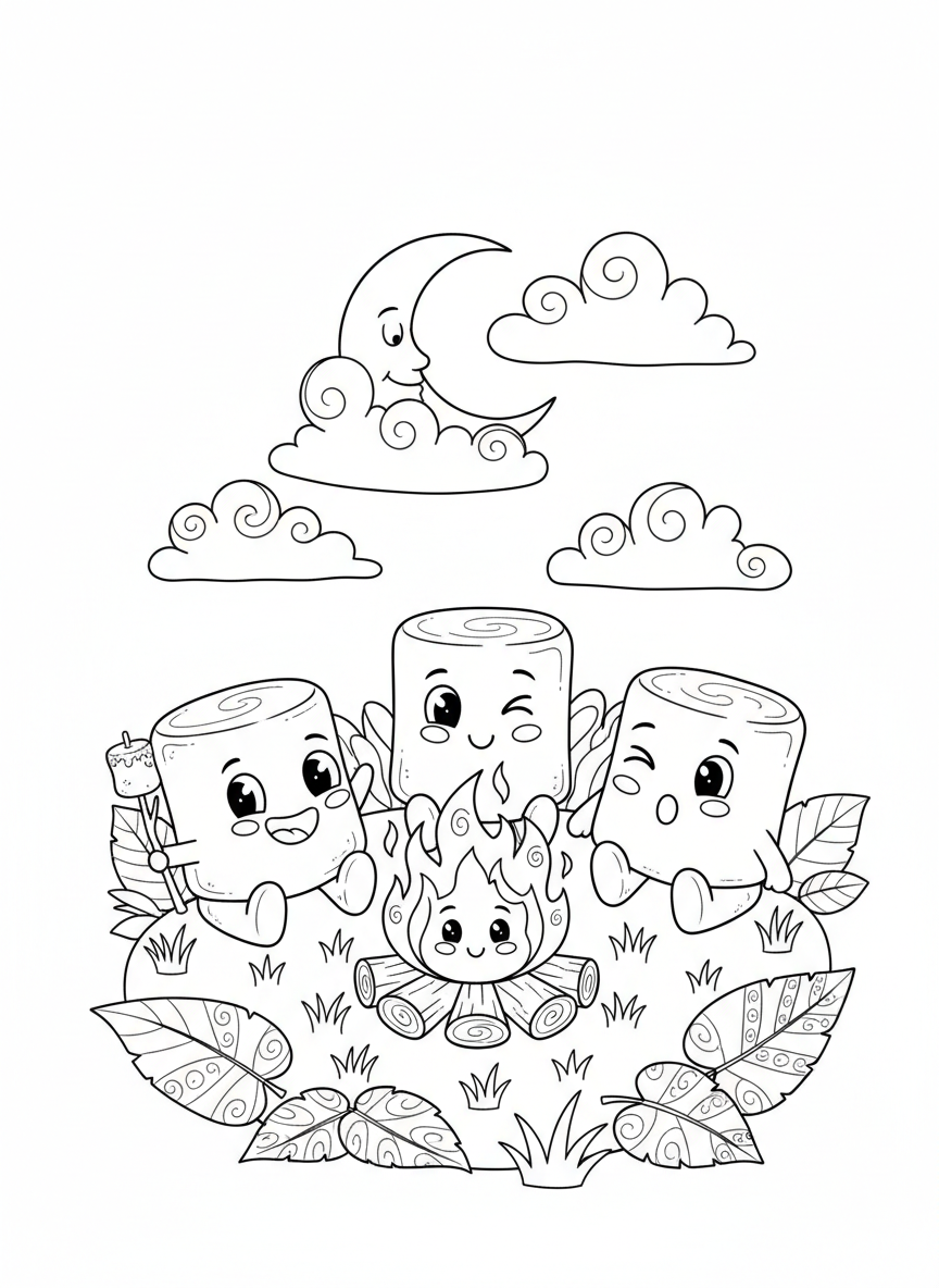 Whimsical Marshmallow Campfire Coloring Page