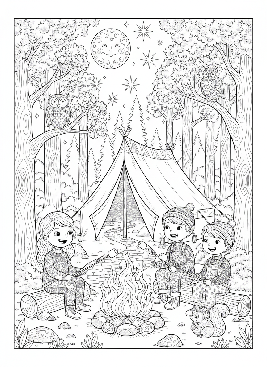 Whimsical Night Camping Adventure: Detailed Forest Coloring Page