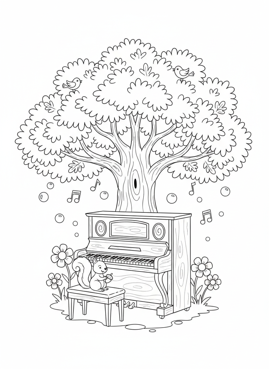 Whimsical Piano & Squirrel under Oak Tree Coloring Page