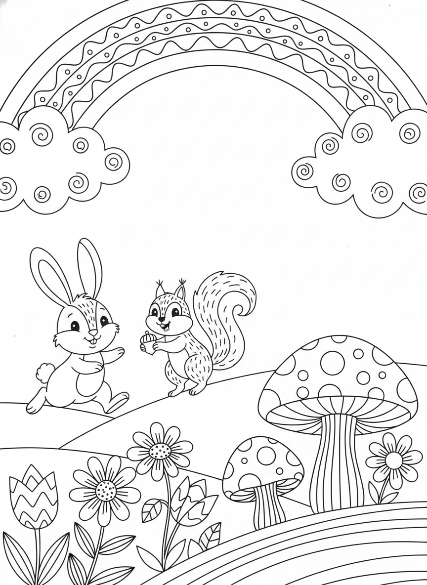 Whimsical Rainbow & Woodland Friends Coloring Page for Kids