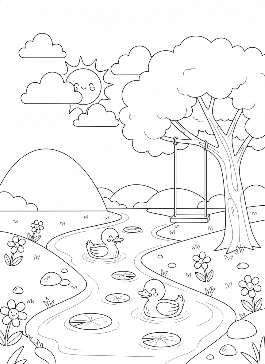 Whimsical River Landscape with Ducks