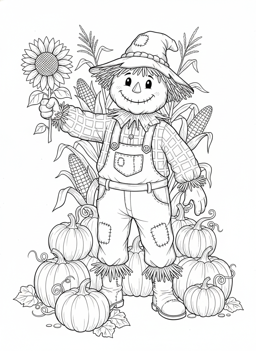 Whimsical Scarecrow & Pumpkin Patch Coloring Page for Kids