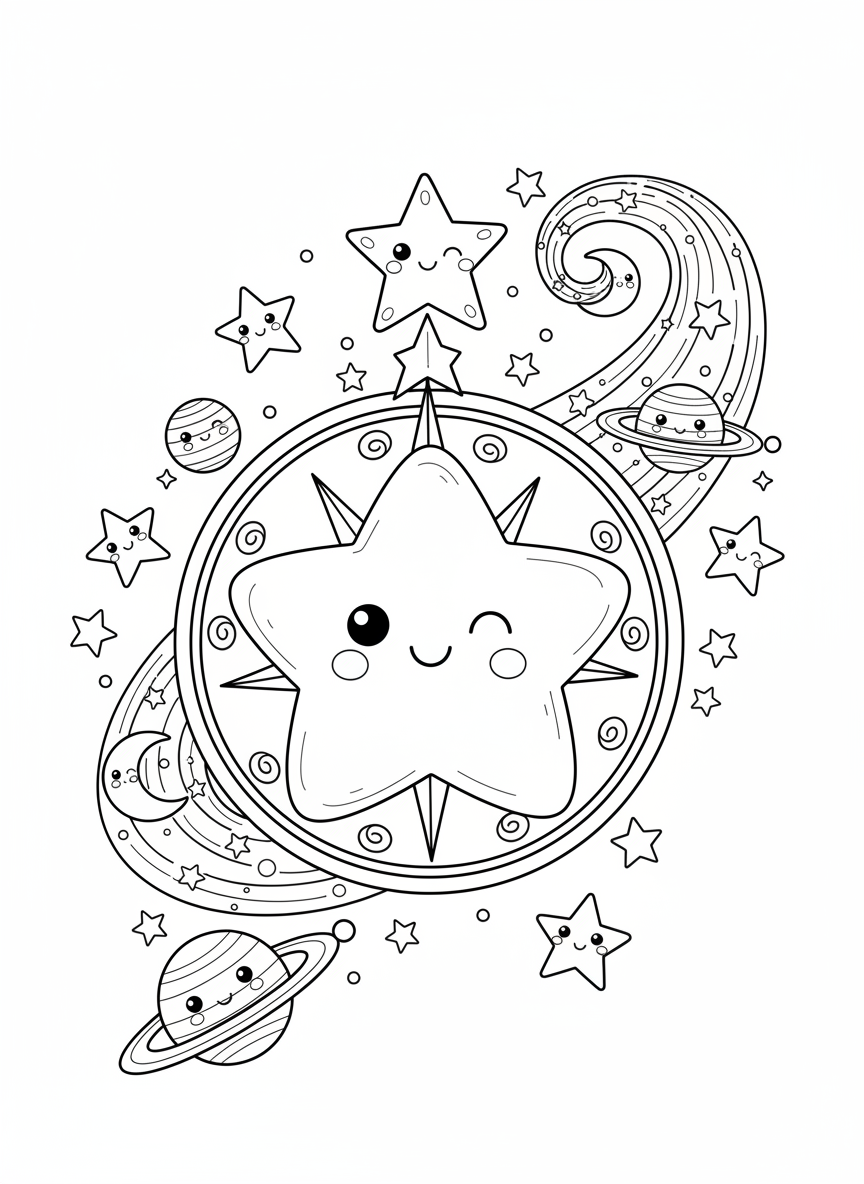 Whimsical Star Compass & Planets Coloring Page