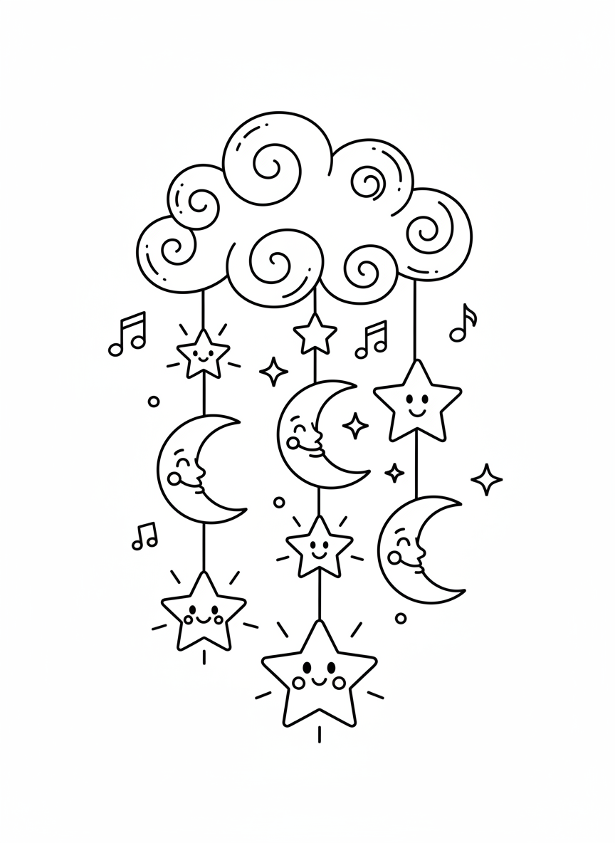 Whimsical Star & Moon Wind Chimes Coloring Page