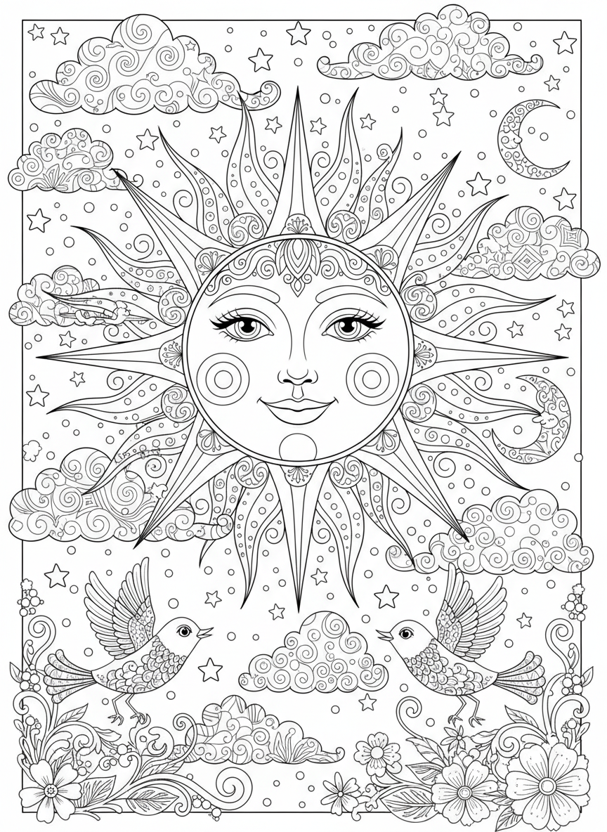 Whimsical Sun & Celestial Friends Detailed Coloring Page
