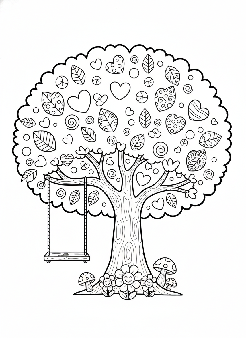 Whimsical Tree with Rope Swing Coloring Page for Kids
