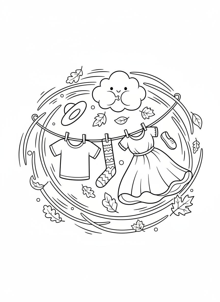 Whimsical Wind Fun: Clothesline & Autumn Leaves Coloring Adventure
