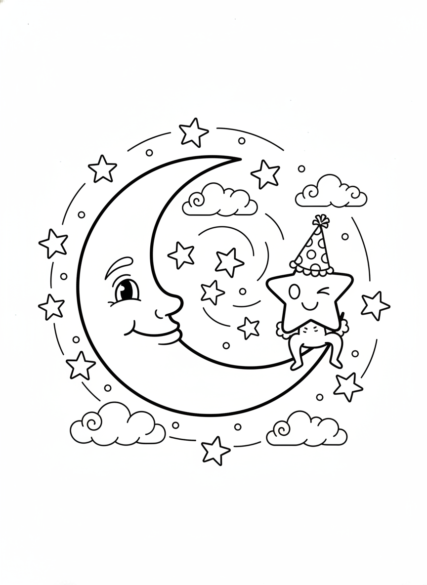 Winking Star & Moon Night Sky Coloring Page