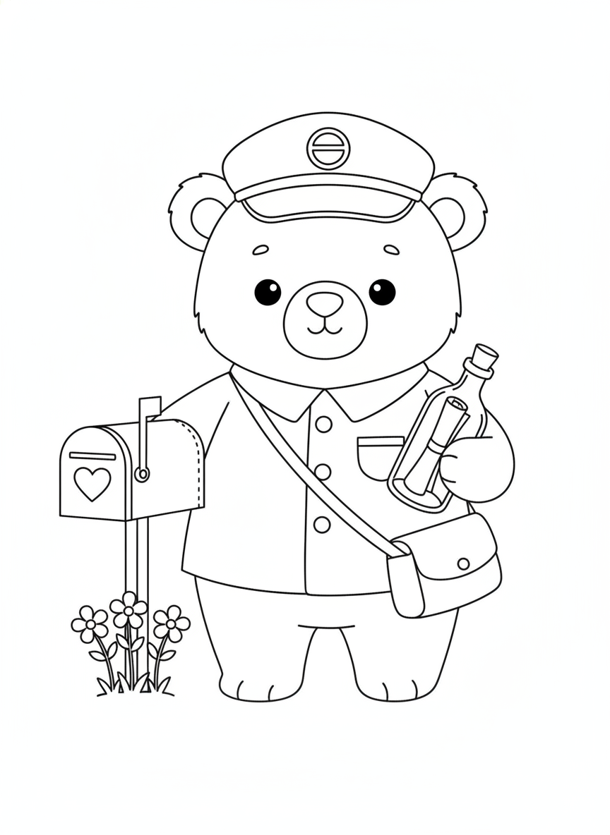 Adorable Postman Bear with Secret Message Coloring Page