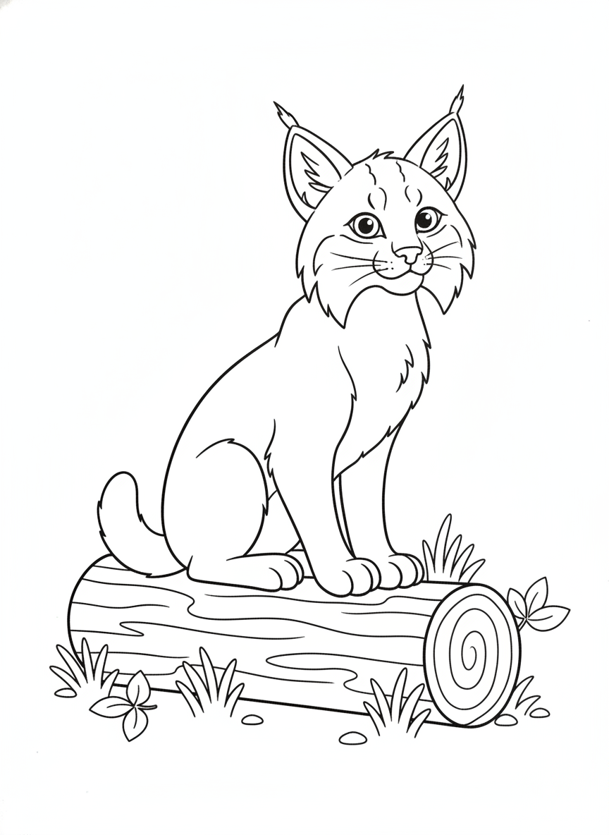 Cute Alert Bobcat on a Fallen Log Coloring Page for Kids