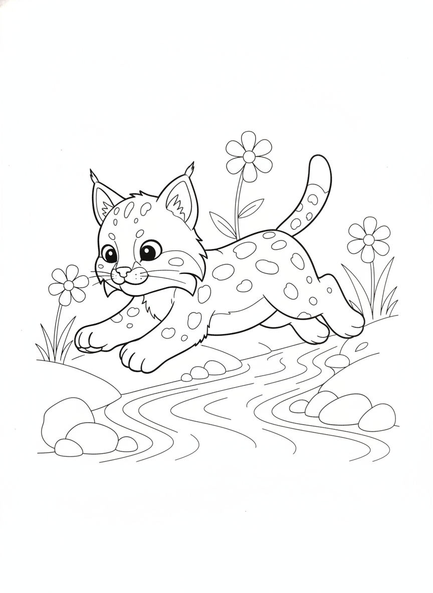 Cute Bobcat Cub Leaping Over Stream Coloring Page