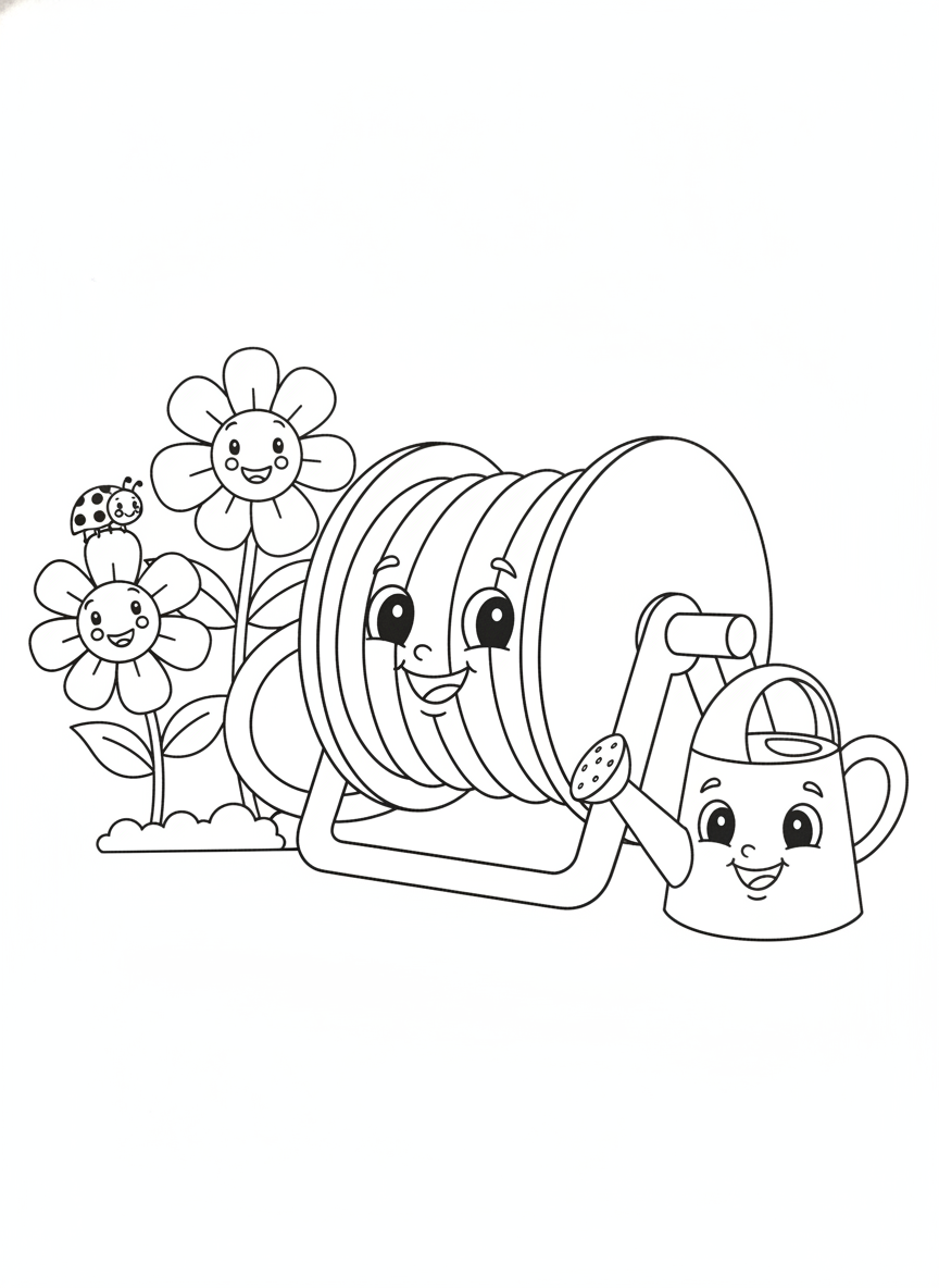 Cute Cartoon Hose Reel & Flower Garden Coloring Page
