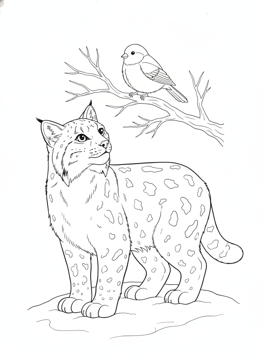 Cute Snow Bobcat & Winter Bird Coloring Page for Kids