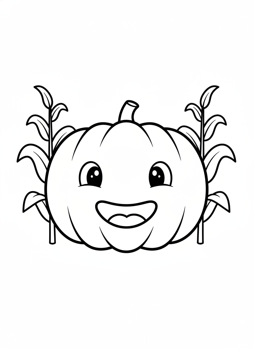 Friendly Pumpkin & Corn Stalks Coloring Page for Kids