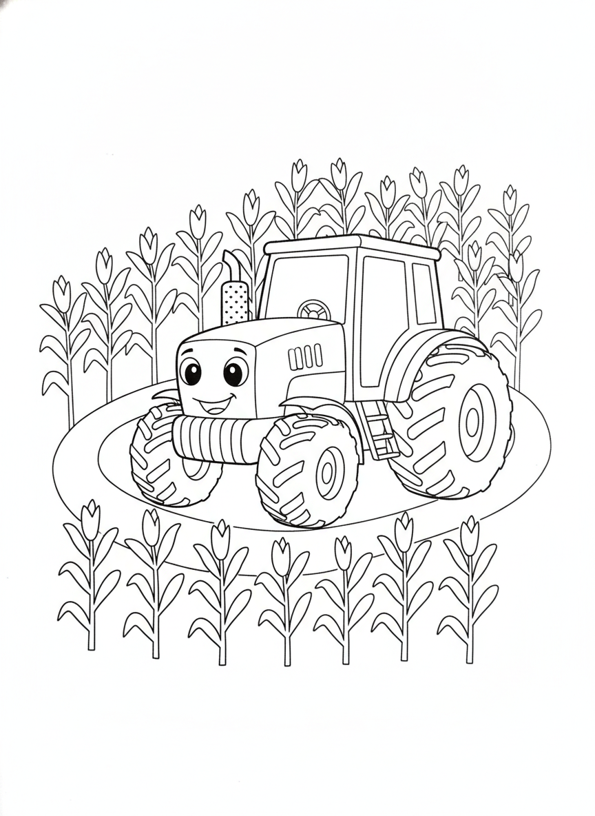 Friendly Tractor in Cornfield Coloring Page