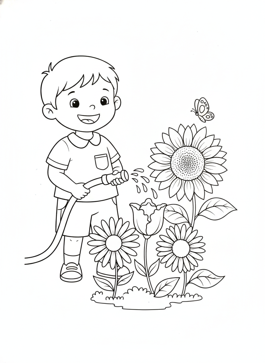 Happy Child Watering Garden Flowers Coloring Page