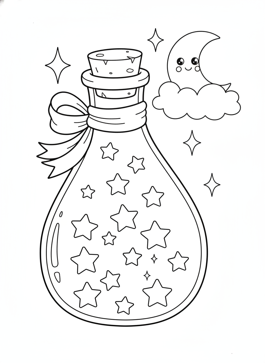 Magical Wishing Bottle with Stars & Smiling Moon Coloring Page for Kids