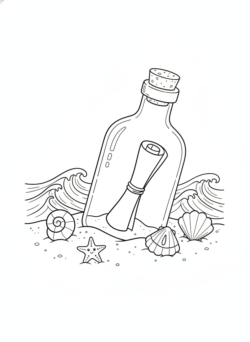 Message in a Bottle Beach Fun Coloring Page