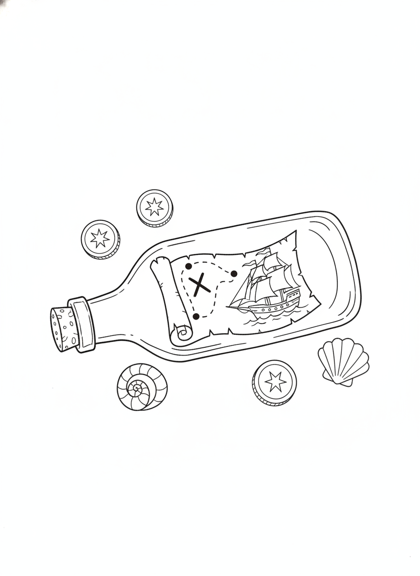 Treasure Map in a Bottle Coloring Page for Kids: An Ocean Adventure