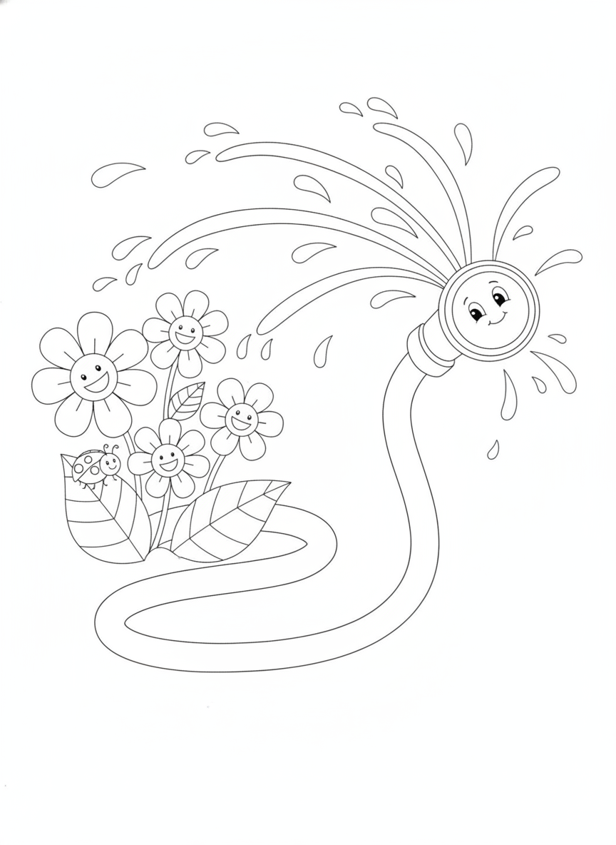 Whimsical Garden Fun: Sprinkler, Flowers & Ladybug Coloring Page for Kids