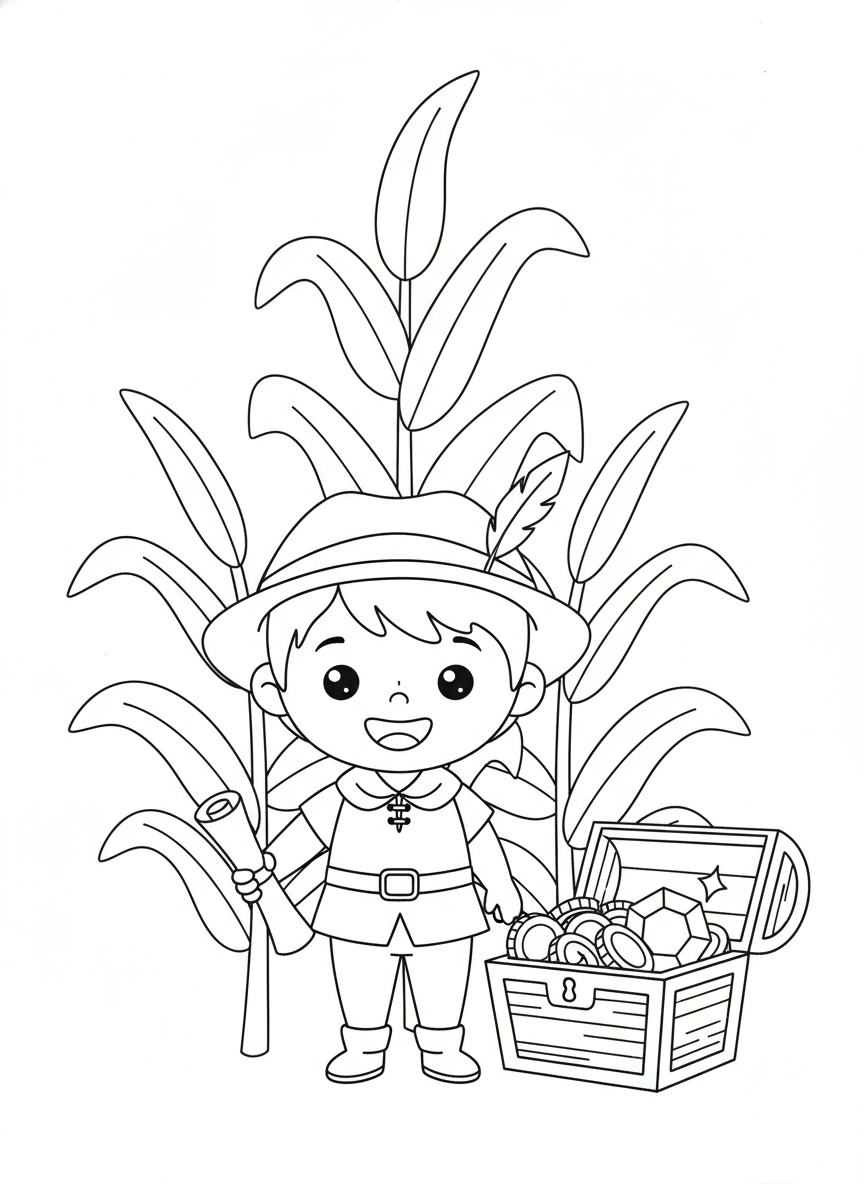 Young Adventurer with Treasure Map Coloring Page for Kids